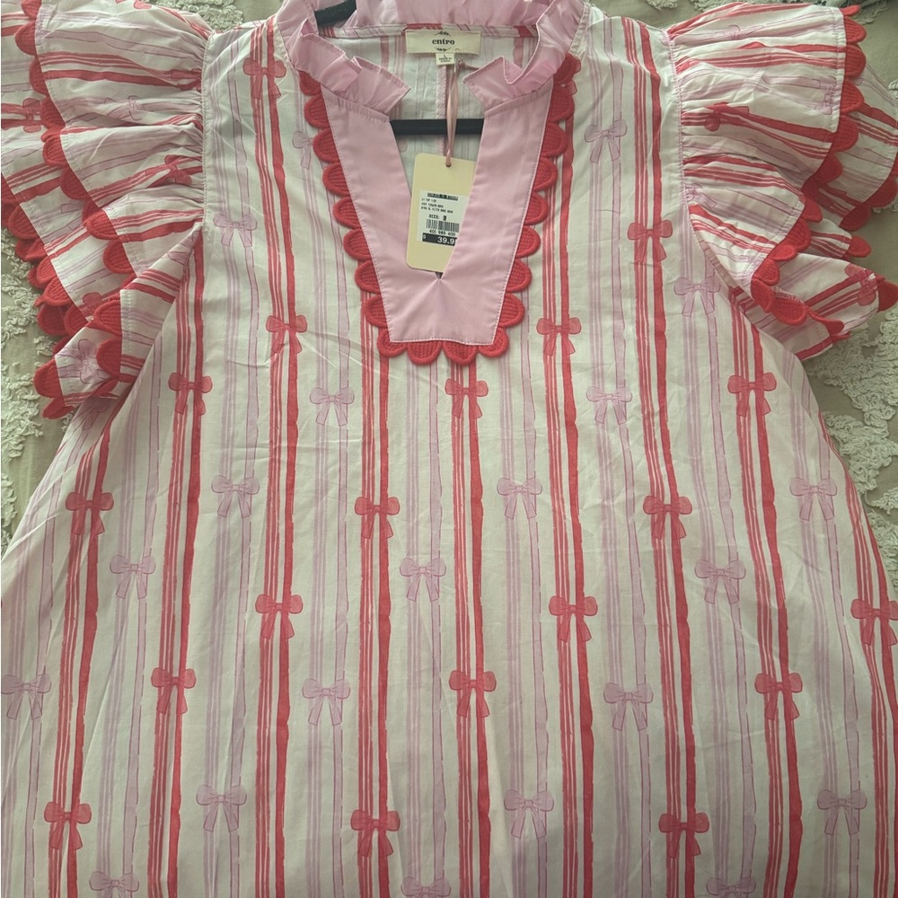 Pink and White Striped Top with Ruffle Sleeves